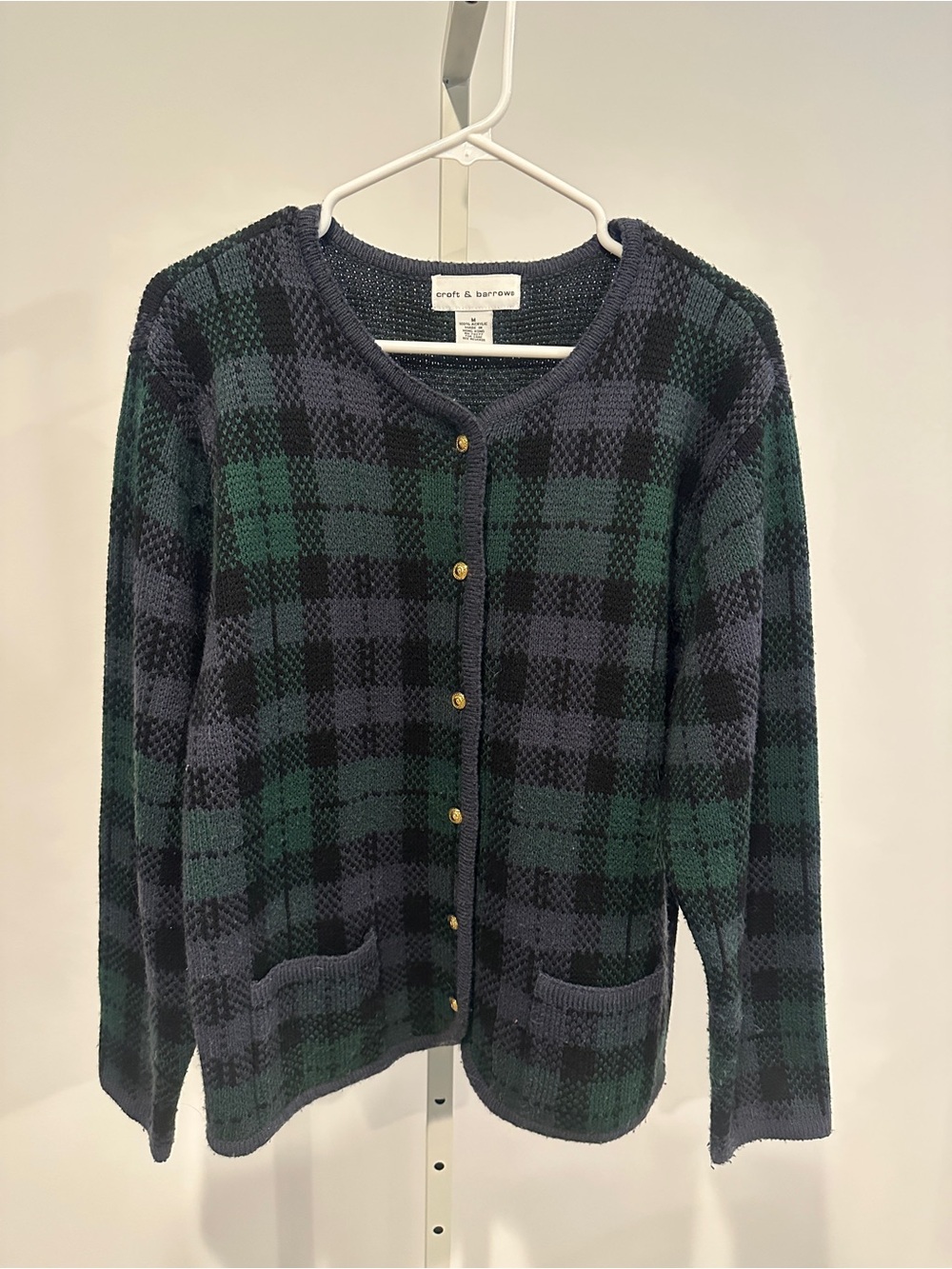 Vintage 90s Green and Black Plaid Button Cardigan with Gold Buttons Medium
